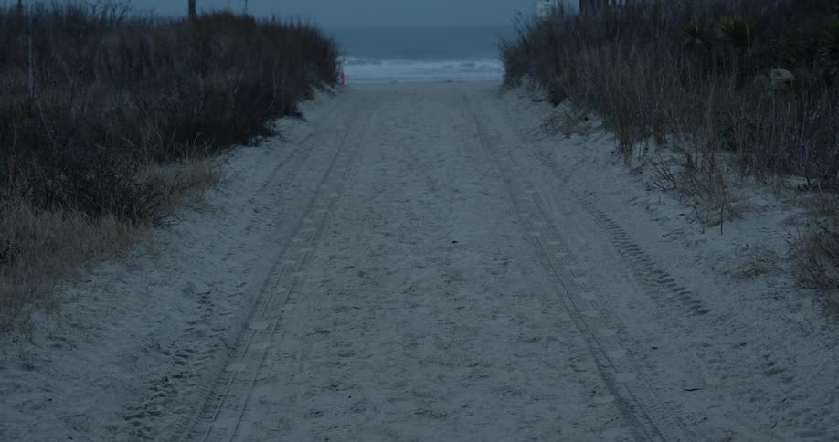 Tire tracks in sand leading to a beach