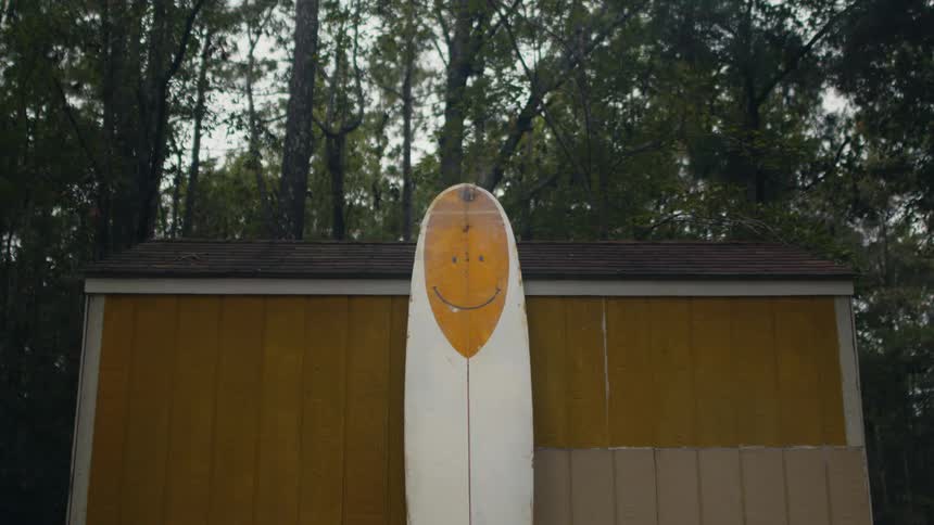 Longboard surfboard resting on the wall of a shack next to a forest