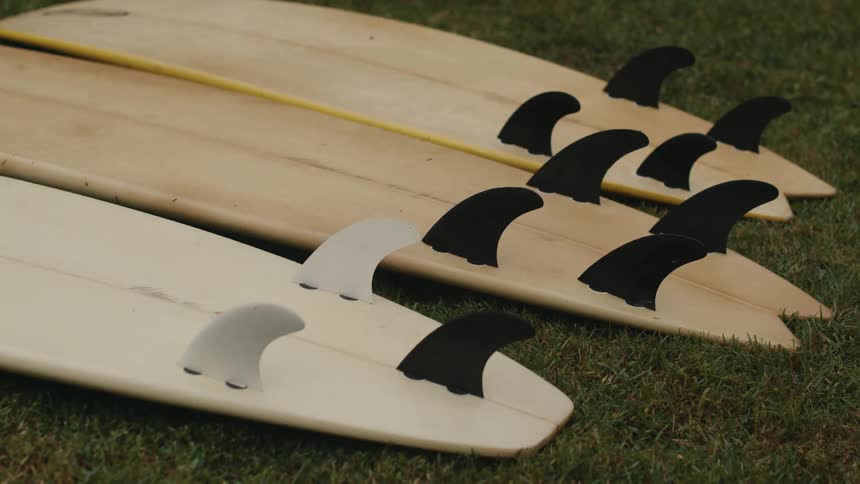 Surfboards are lying on the grass with the fins sticking up