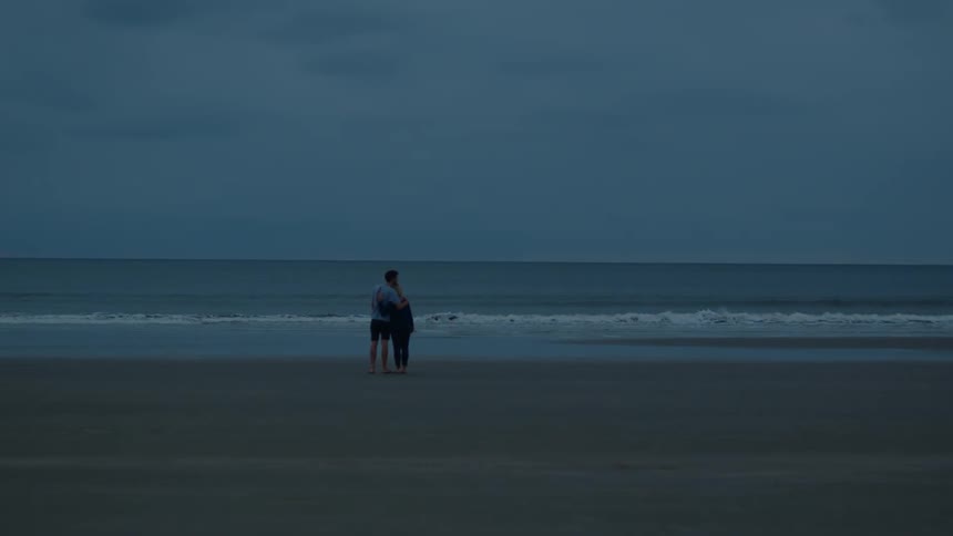 Young relaxed couple walking and hugging on a beach near the ocean at evening