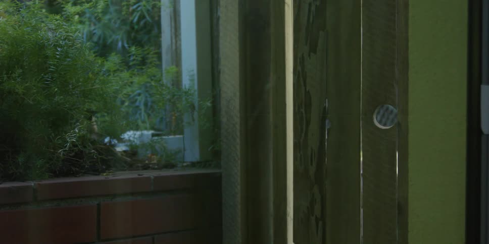 A wooden gate blows shut in a garden