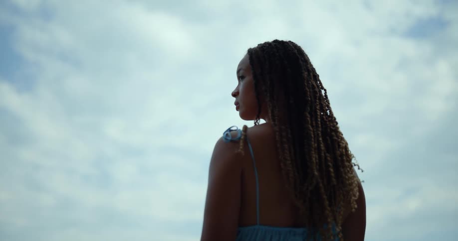 Back of a woman wearing a blue dress standing outdoors under a cloudy sky