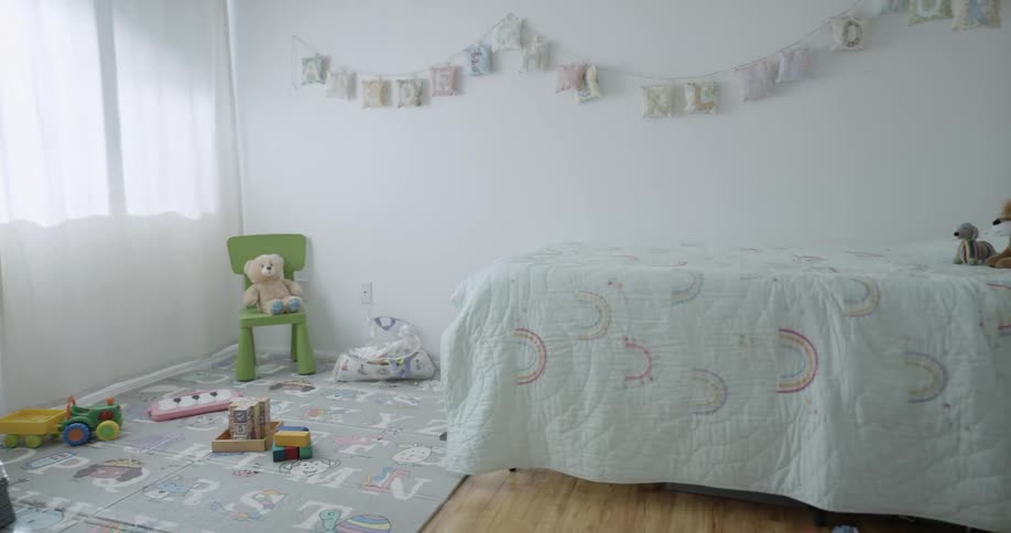 A spot light shines in the bedroom