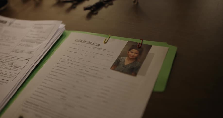 Person sits in front of desk across from desk owners seat studying file detailing childs profile