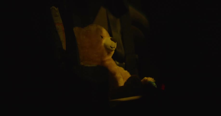 Teddy bear sitting on a baby chair inside a car driving at night
