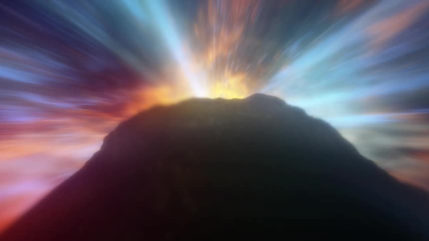 The clouds and lights flash over the mountain