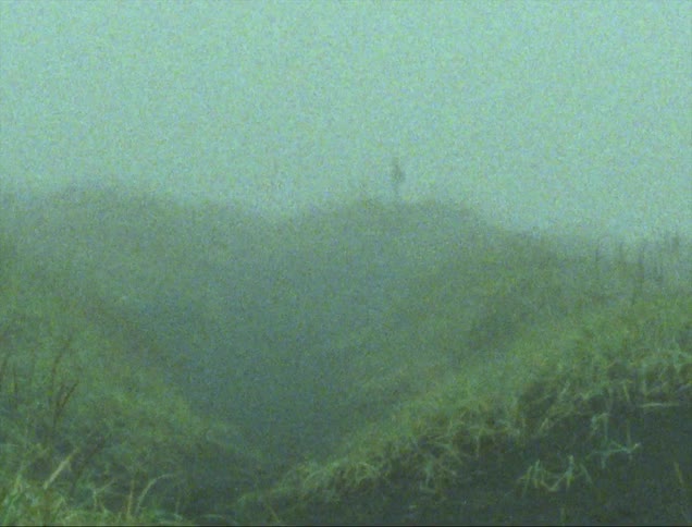 Far away person stands on grassy hill on foggy day