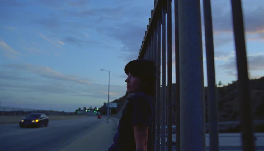 A woman leans against the fence by the road