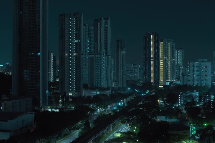 Construction cranes build cluster of skyscrapers near busy highway the lights on the cranes shining at night