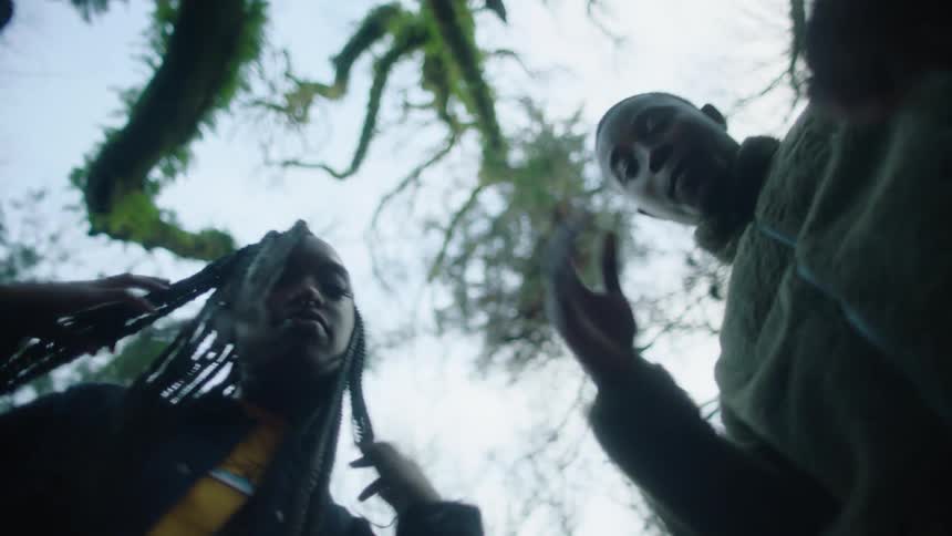 A group of people are standing in a woodland area