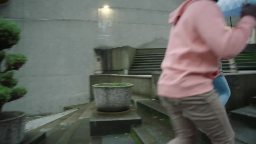 Man and woman carrying umbrellas walk up steps toward building on rainy day
