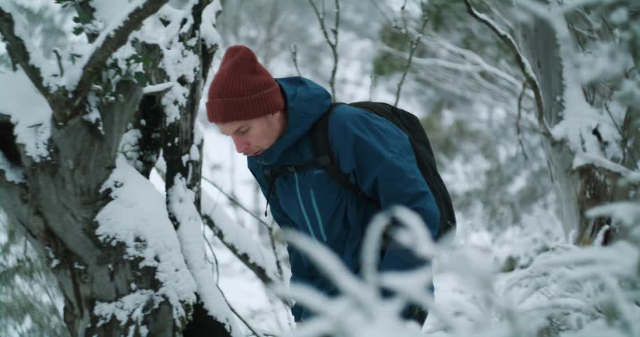 A man wearing a winter coat and a backpack is walking through woods filled with snow and ice covered trees