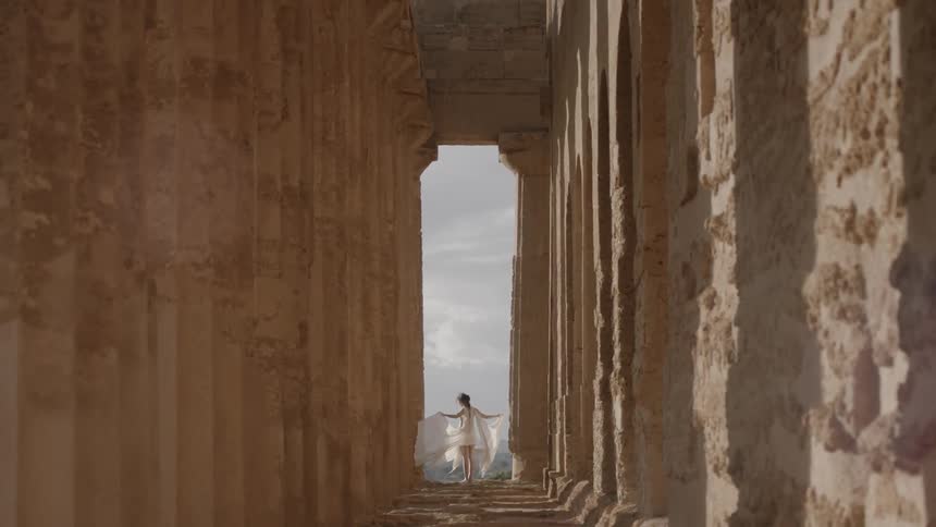 A woman stands at the end of building where the wind blows her dress