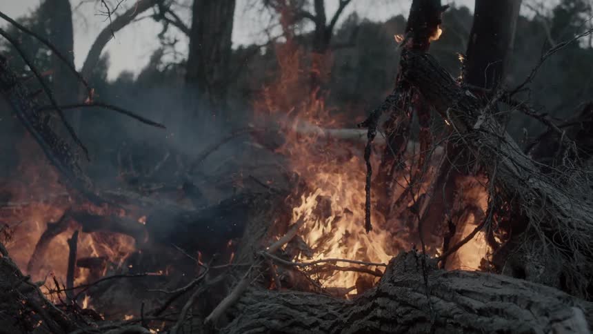 A fire burns a pile of tree branches and trunks