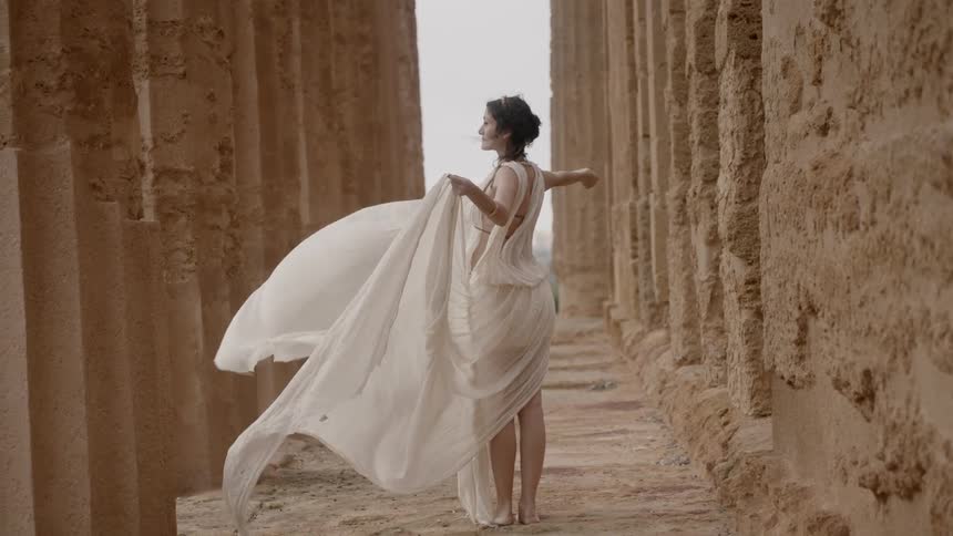 A woman wearing white robes stretches her arms out