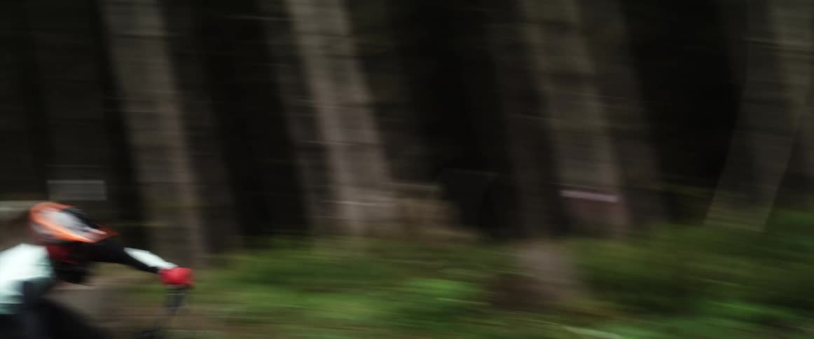 A person riding a mountain bike down a hill in a forest