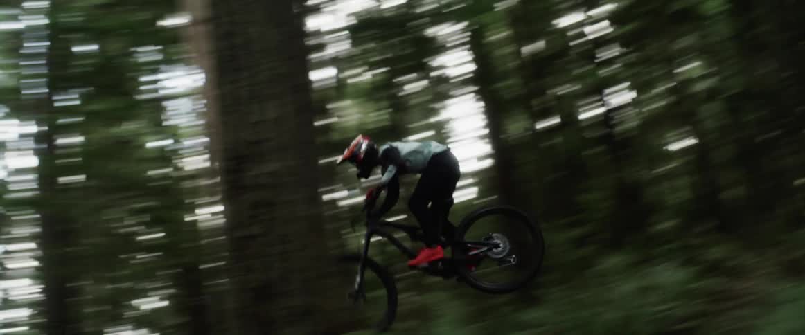 A person mountain bikes in a forest