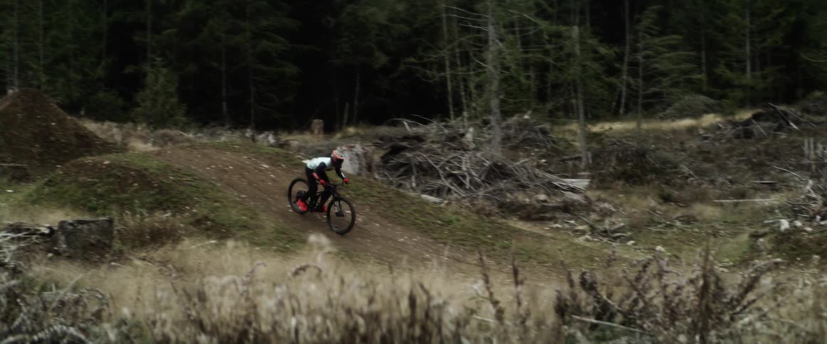 A person mountain biking over jumps in a forest