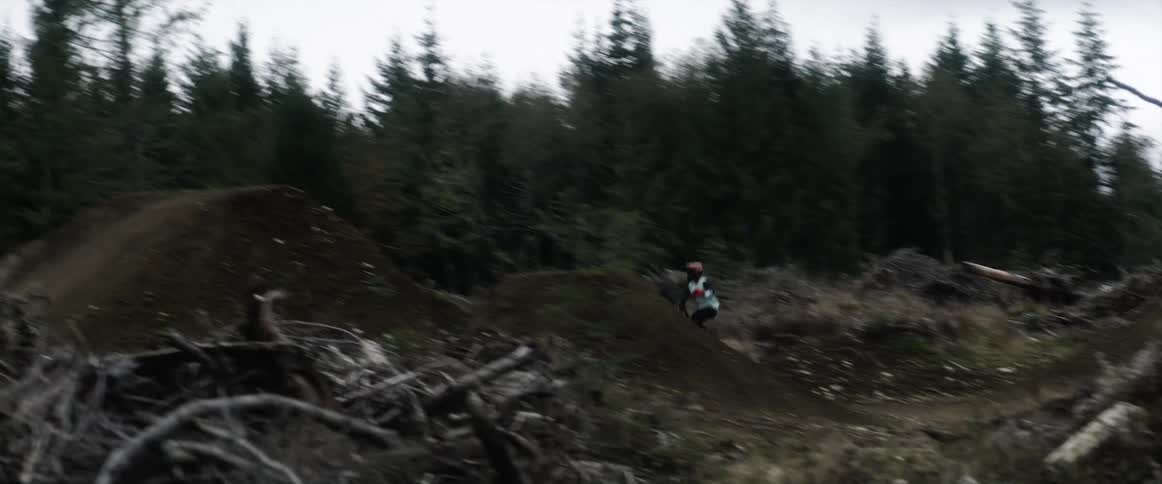 Cyclist rides mountain bike along trail taking jumps off dirt mounds in clearing near conifer forest