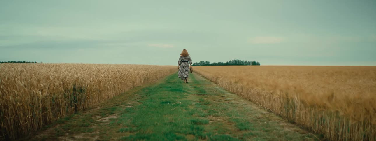 A woman walks down a grass path in a corn field