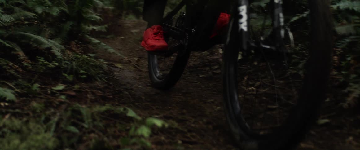 Close up of a persons feet as they mountain bike through a forest