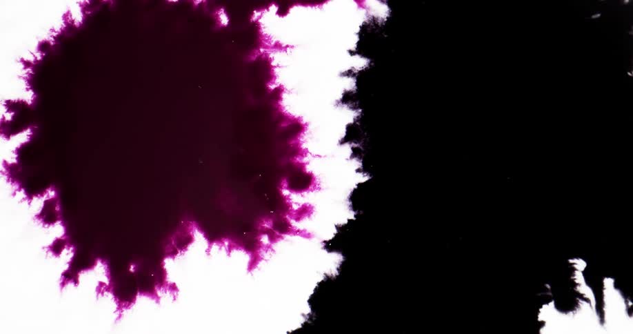 A black blob emerges and spreads across the white surface as a magenta blob emerges and spreads next to it