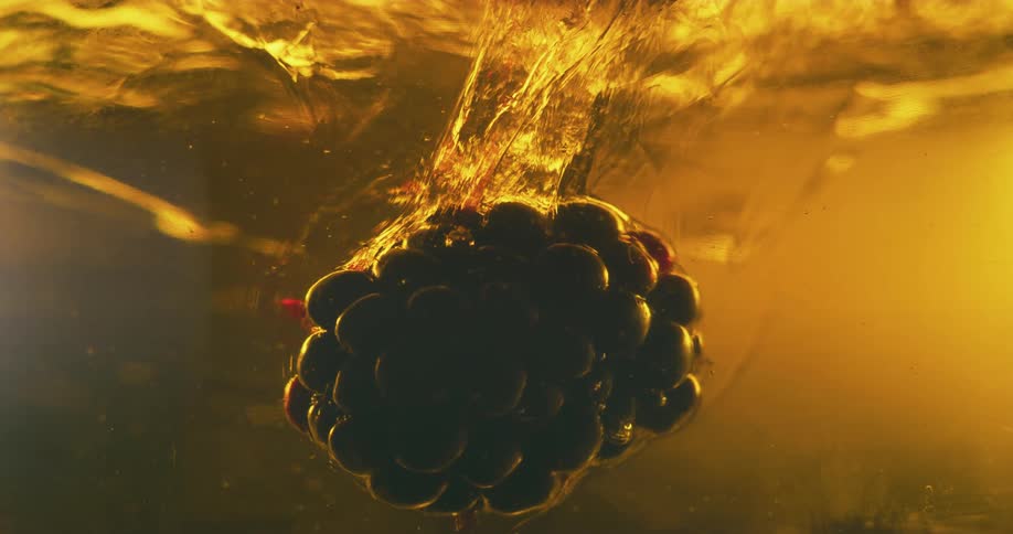 Close up of a berry floating up a thick amber liquid