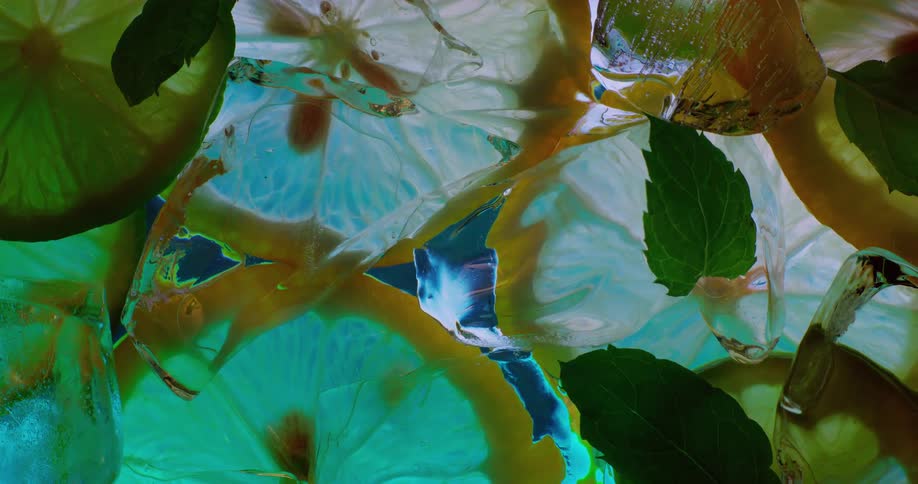 Close up of slices of lemon and lime floating along mint leafs on the surface of a drink