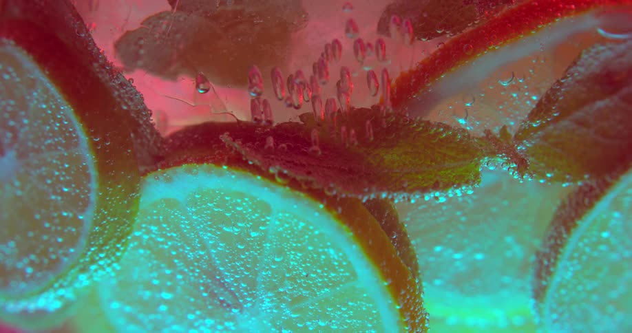 Orange slices sit in clear liquid while tiny bubbles float to the top