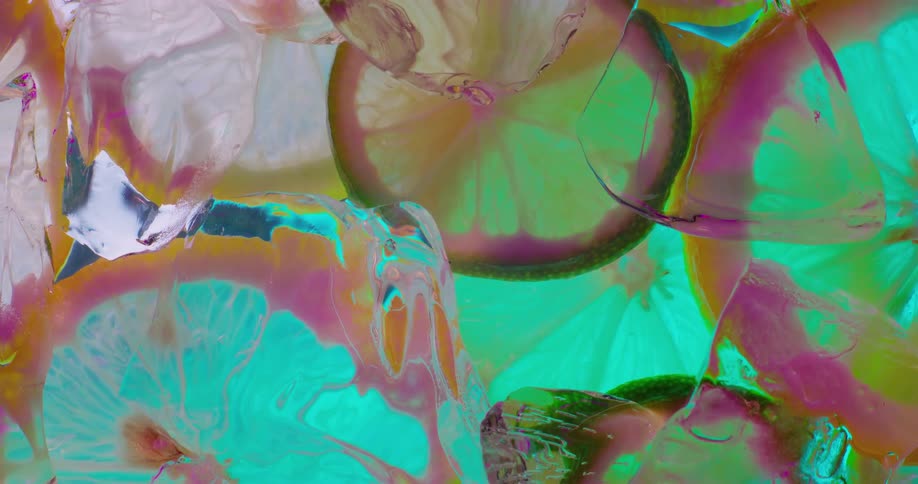 Ice and fruit float in the water