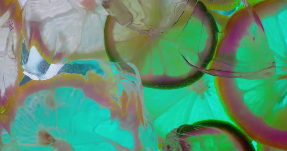Slices of citrus fruit in glass with ice cubes and flowing liquid