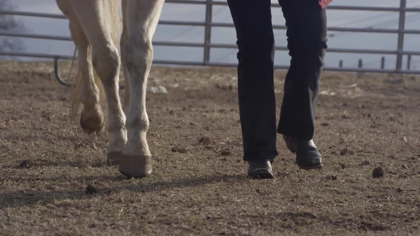 A woman and horse walking through a horse corral
