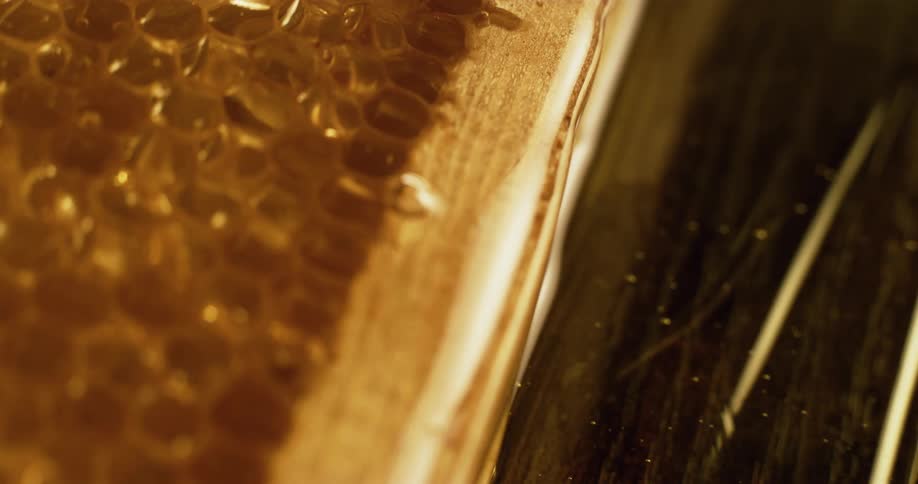 Close up of honeycomb with flowing honey