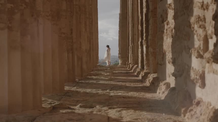 A woman in a diaphanous dress stands amidst columns