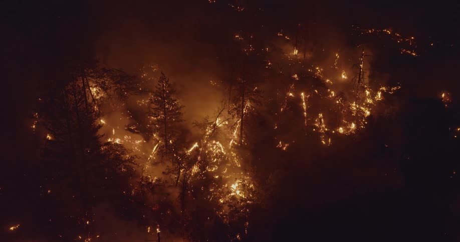 Aerial view of wildfire on slope at night