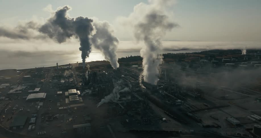 Smoke at vapor vents high into the sky at various spots in town sitting on coast