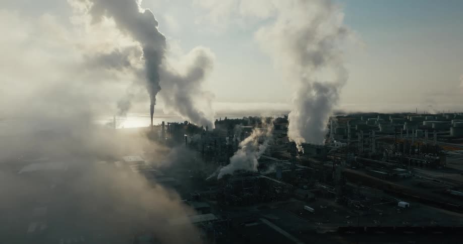 Smoke billows up from stacks and chimneys in a large energy complex