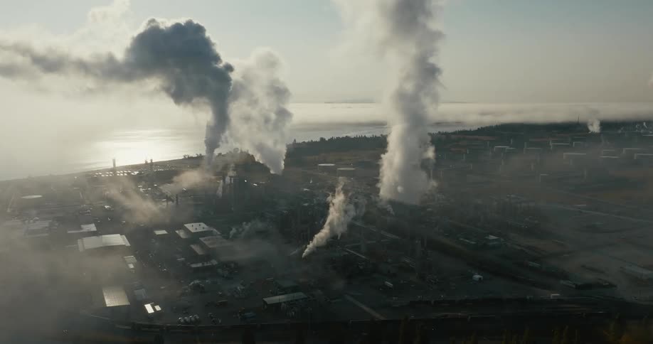 Aerial view of factories spewing columns of smoke on a coastal town