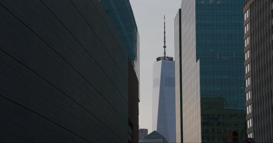 New york city skyscrapers including one world trade center from street level