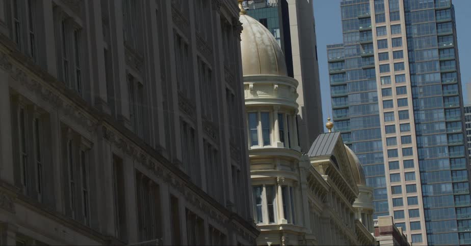 Exterior view of office buildings and dome