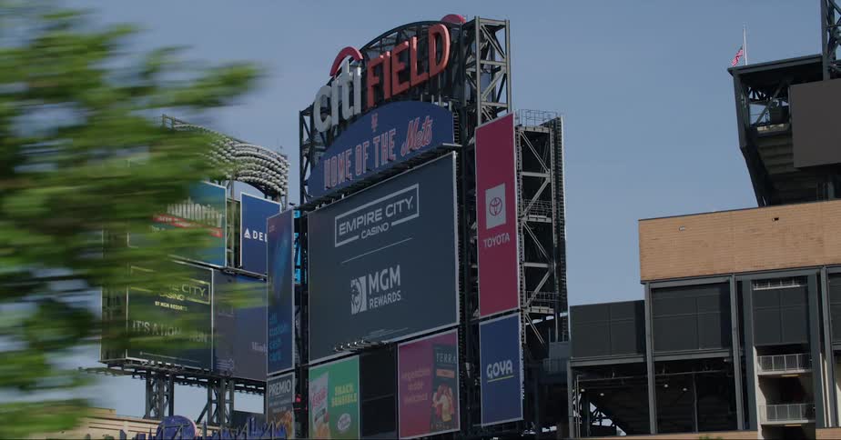 The stadium has many signs