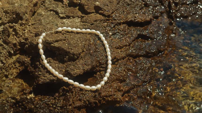 A pearl necklace on a rocky shoreline next to water