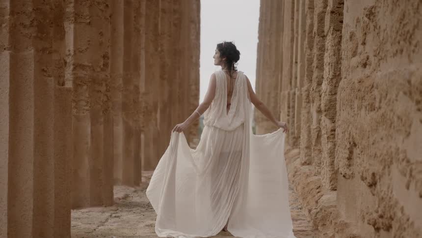 A woman holds her dress out to the side as she walks between ancient columns
