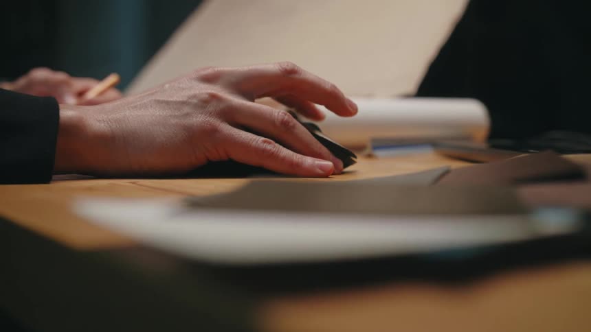 A mans hand is shown clicking a mouse on a desk with scattered papers and folders on it