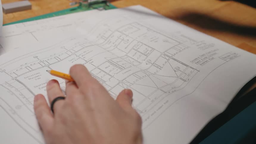 A mans hands are shown drawing lines on a blueprint with pencil
