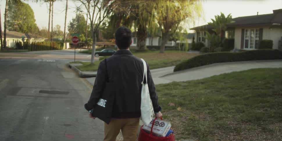 A man carries multiple bags and a basket while walking down a road through a residential neighborhood during the day