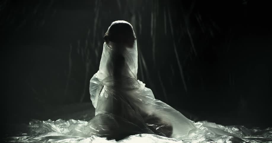 Woman kneels silhouetted under a sheet of plastic in room lined by sheets of plastic