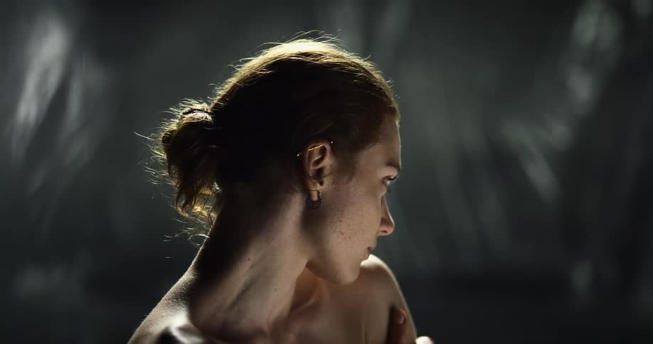 A woman looks around