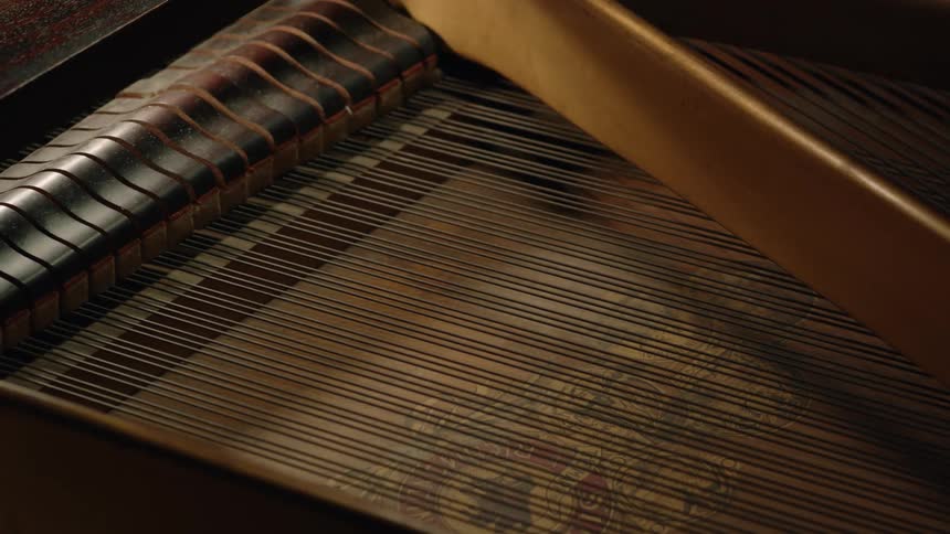 Close up of piano dampers moving up and down ver the strings