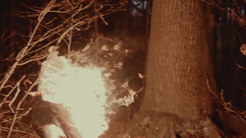A stunt man running through the woods on fire